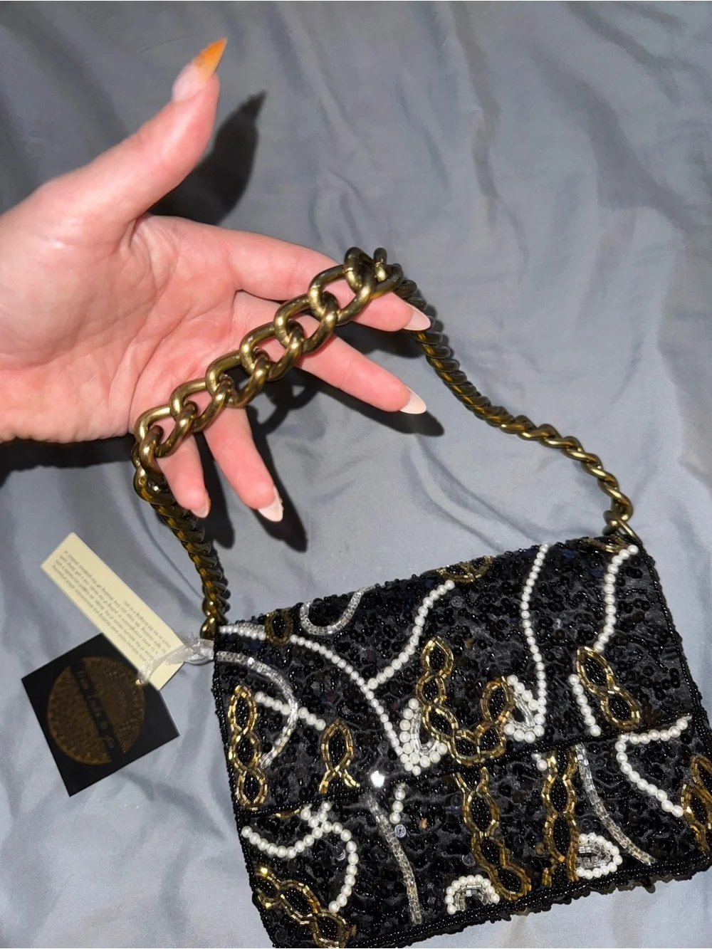 Black Sequin & Pearl-Embellished Shoulder Bag with Gold Chain